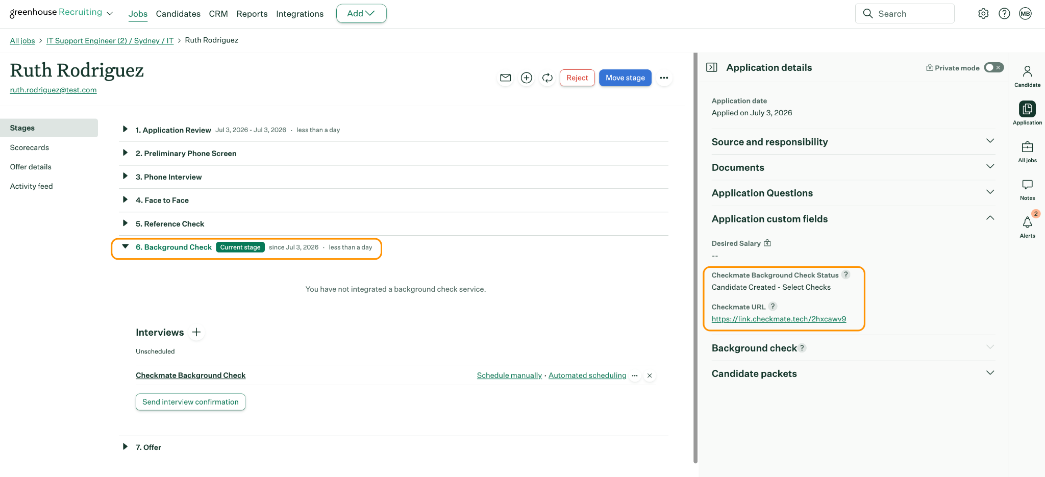 Candidate note showing the Checkmate Background Check status and link to select checks