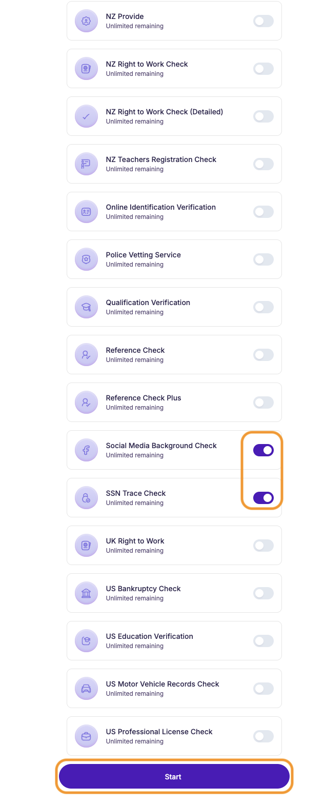 Checkmate screen for selecting which background checks to run