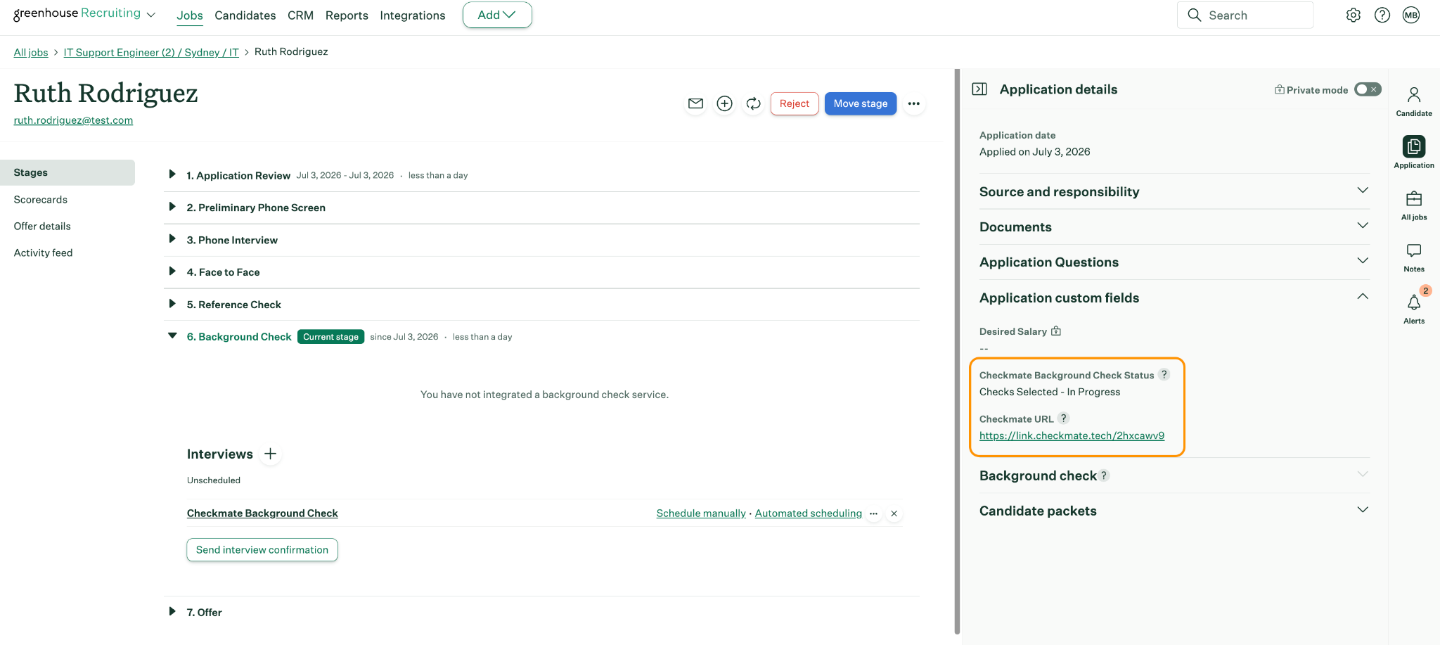 Greenhouse application showing Checkmate status updated to Checks Selected - In Progress