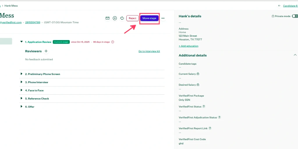 Candidate being moved into the Reference Check stage