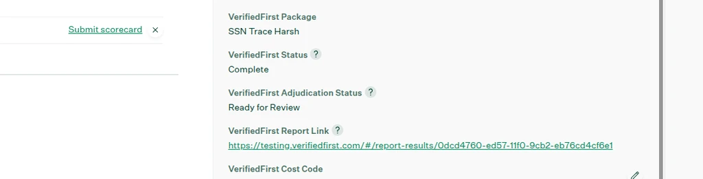 Candidate profile showing the VerifiedFirst Report Link field