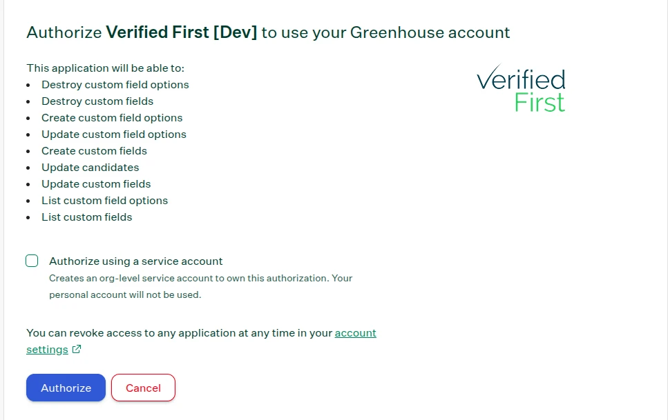 Greenhouse authorization screen with the Authorize button for Verified First