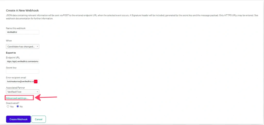 Webhook Advanced Settings panel with Username, Password, and Maximum Attempts fields