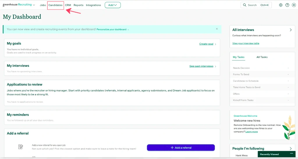 Greenhouse Candidates tab with an applicant selected