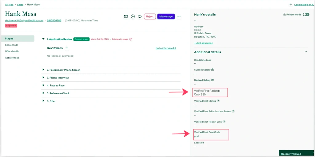 Candidate profile custom fields with the Pencil icon to edit VerifiedFirst Package and Cost Code