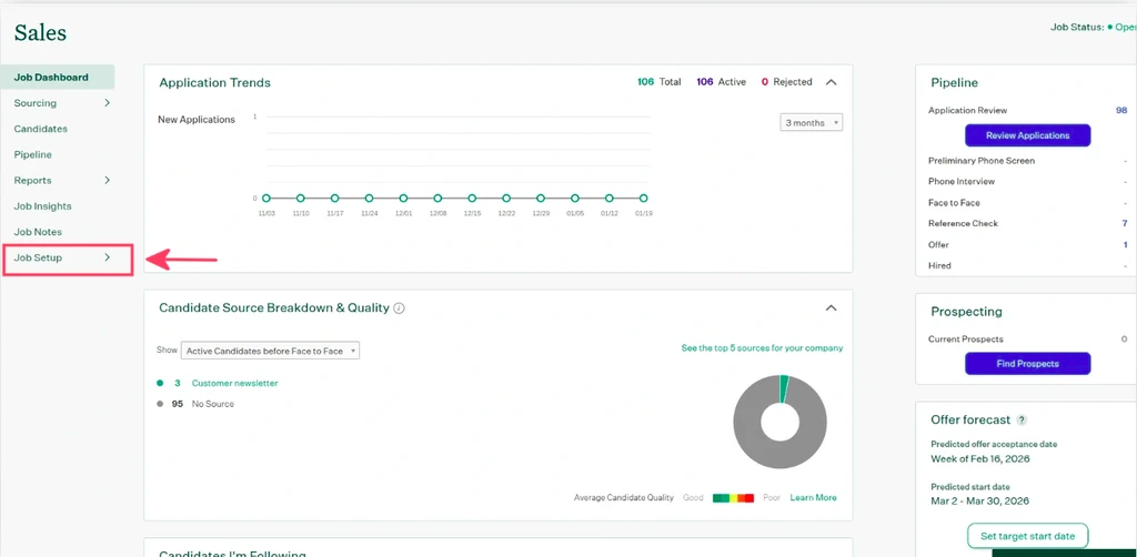Job Setup page with the Job Info section open