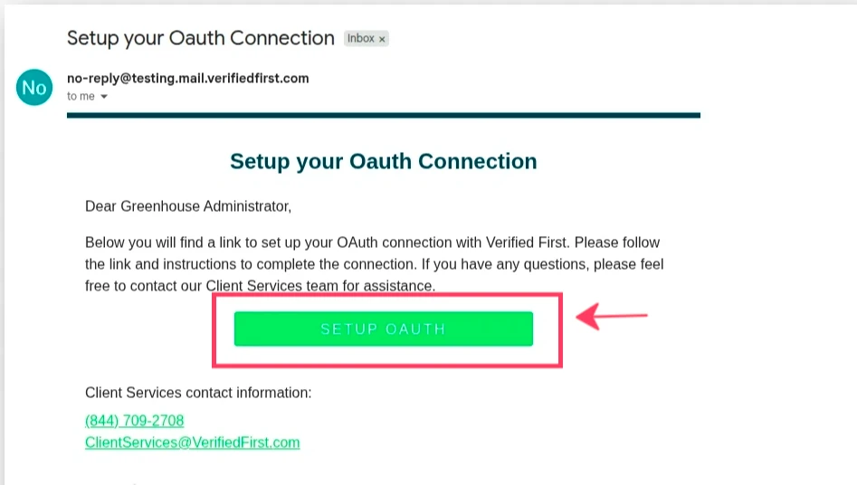 Verified First setup email with the SETUP OAUTH button highlighted