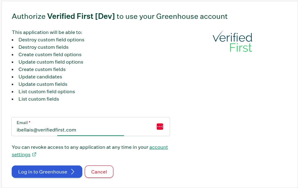 Greenhouse authorization page with the Login to Greenhouse button