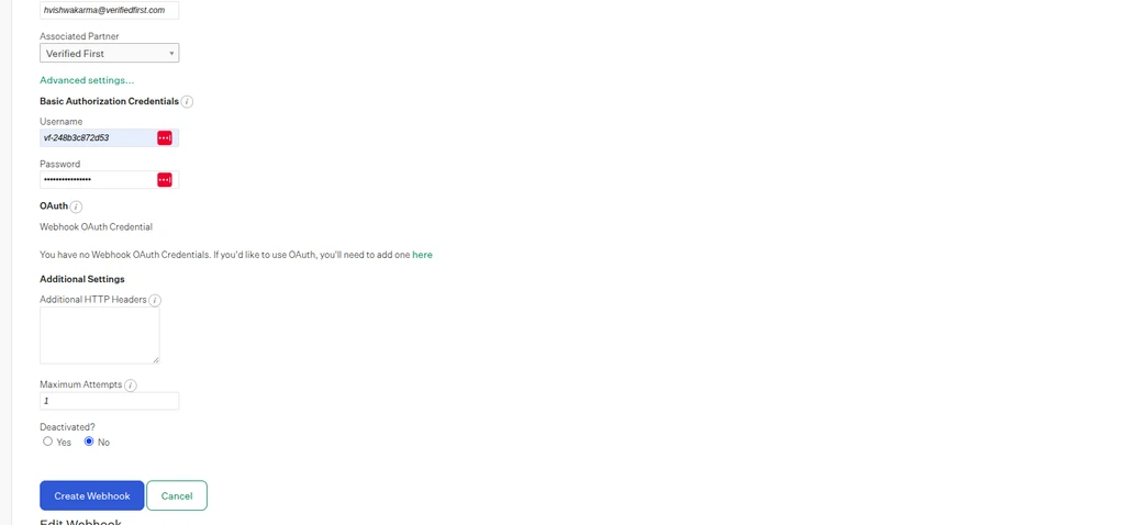Webhook configuration screen with the Create Webhook button
