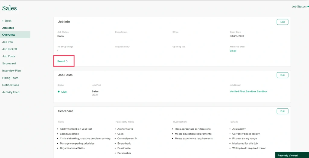 Job Info section with the See all link expanding technical field data