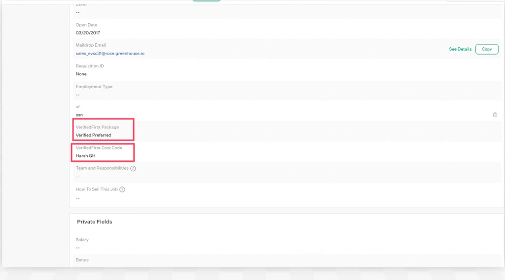 Job Setup page with VerifiedFirst Package and Cost Code default dropdowns