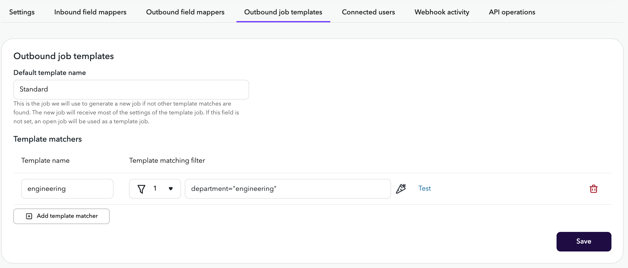 ChartHop Greenhouse app job templates settings with a default template and filters