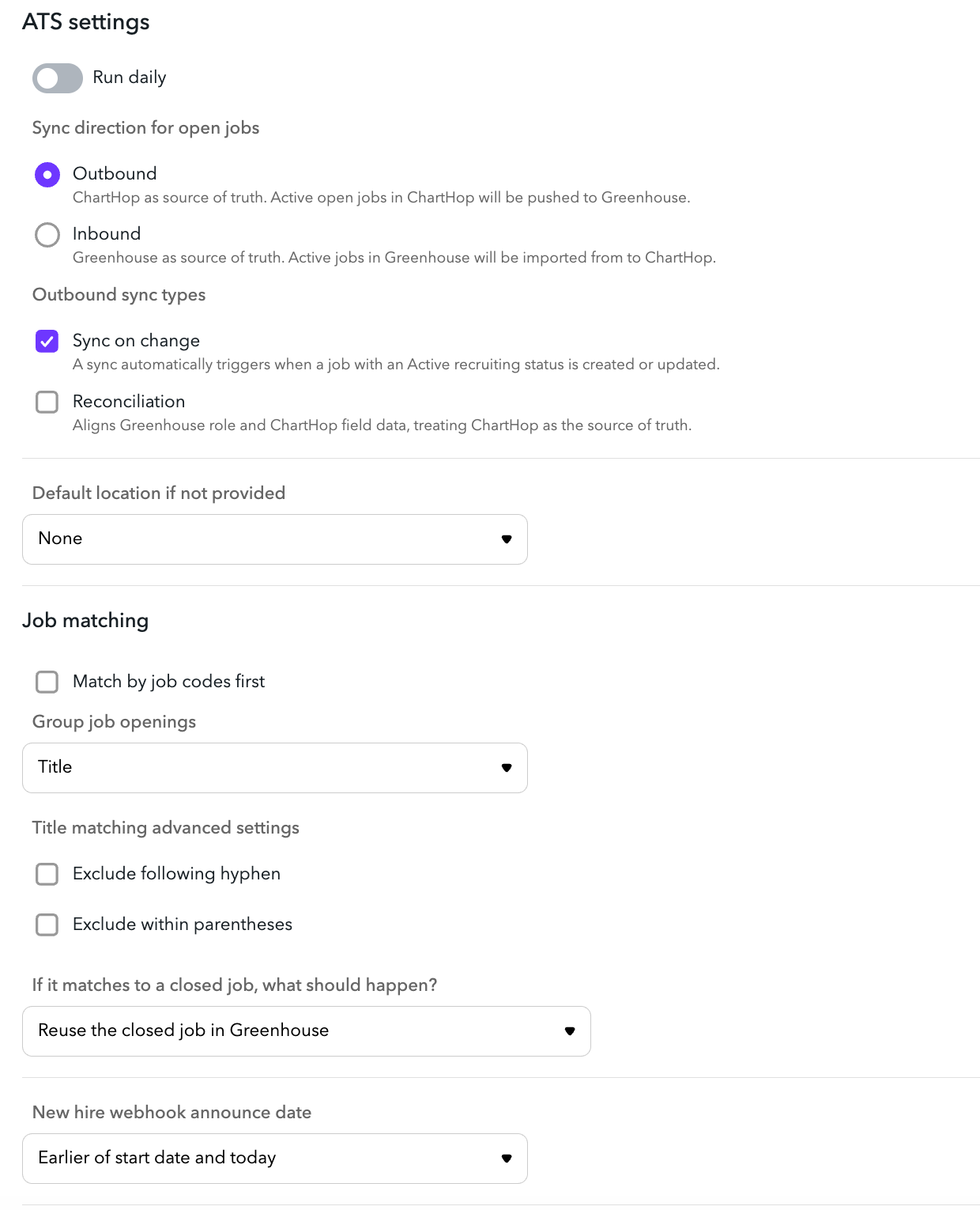 ChartHop Greenhouse app Basic settings page with sync direction and sync settings