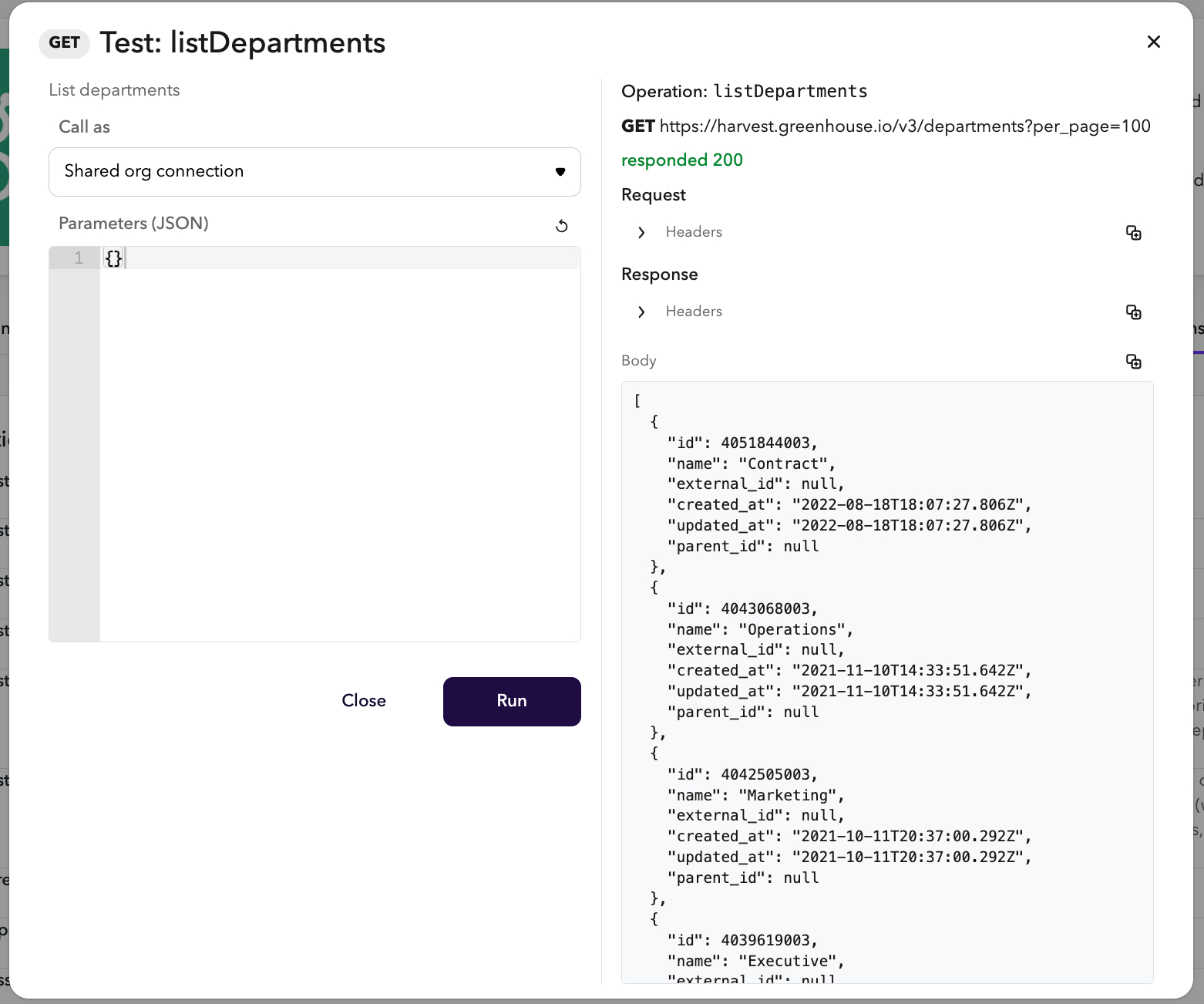 ChartHop Greenhouse app API operations tab listing available test operations
