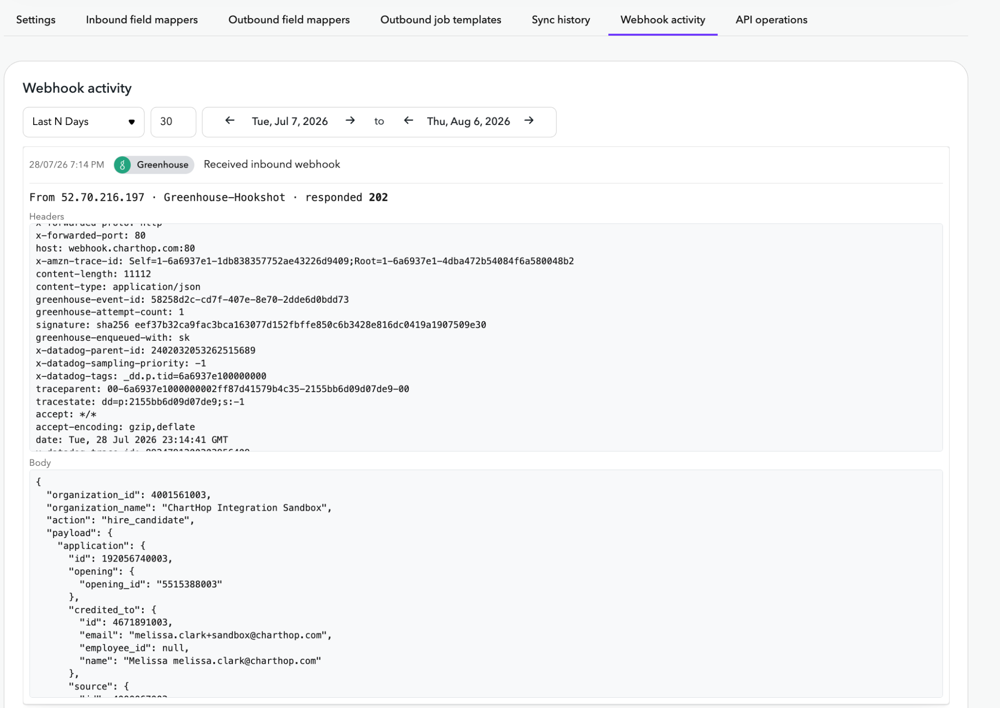ChartHop Greenhouse app webhook activity view showing sent and received webhooks