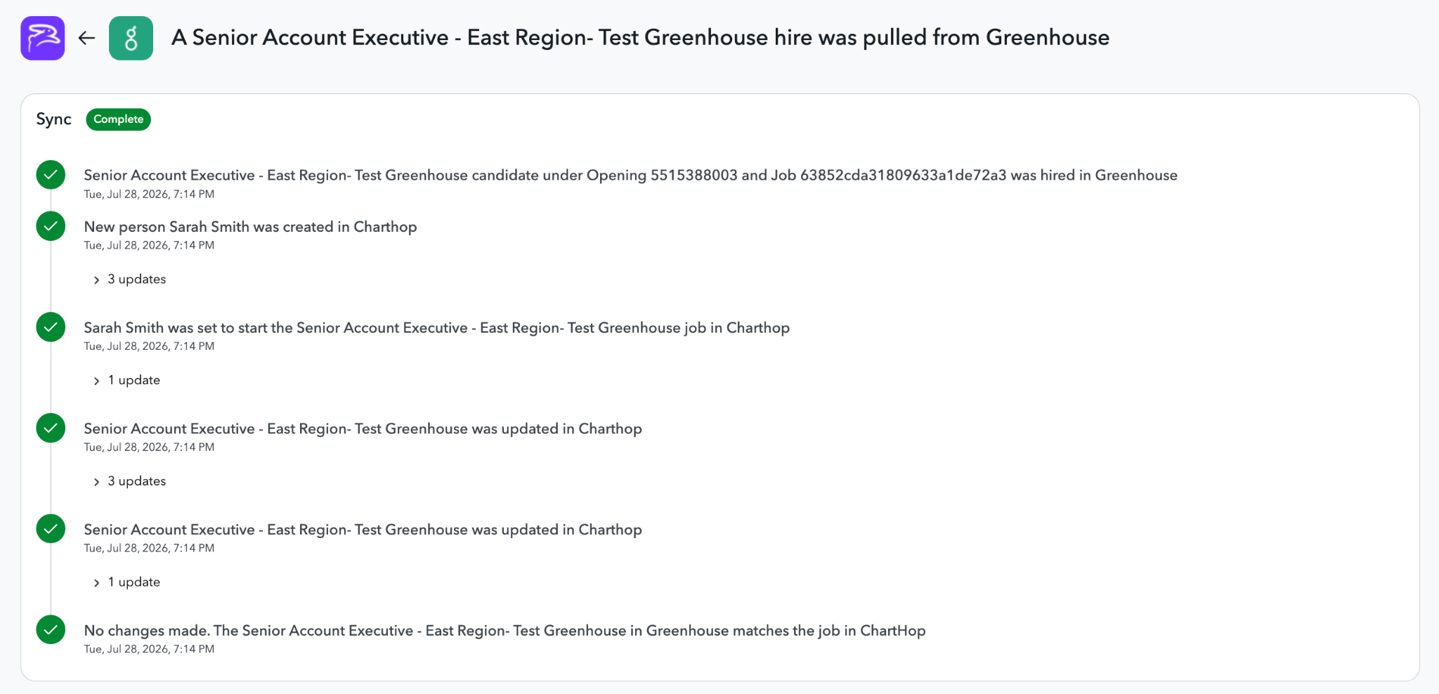 ChartHop sync history showing a new hire added from the Greenhouse hire webhook