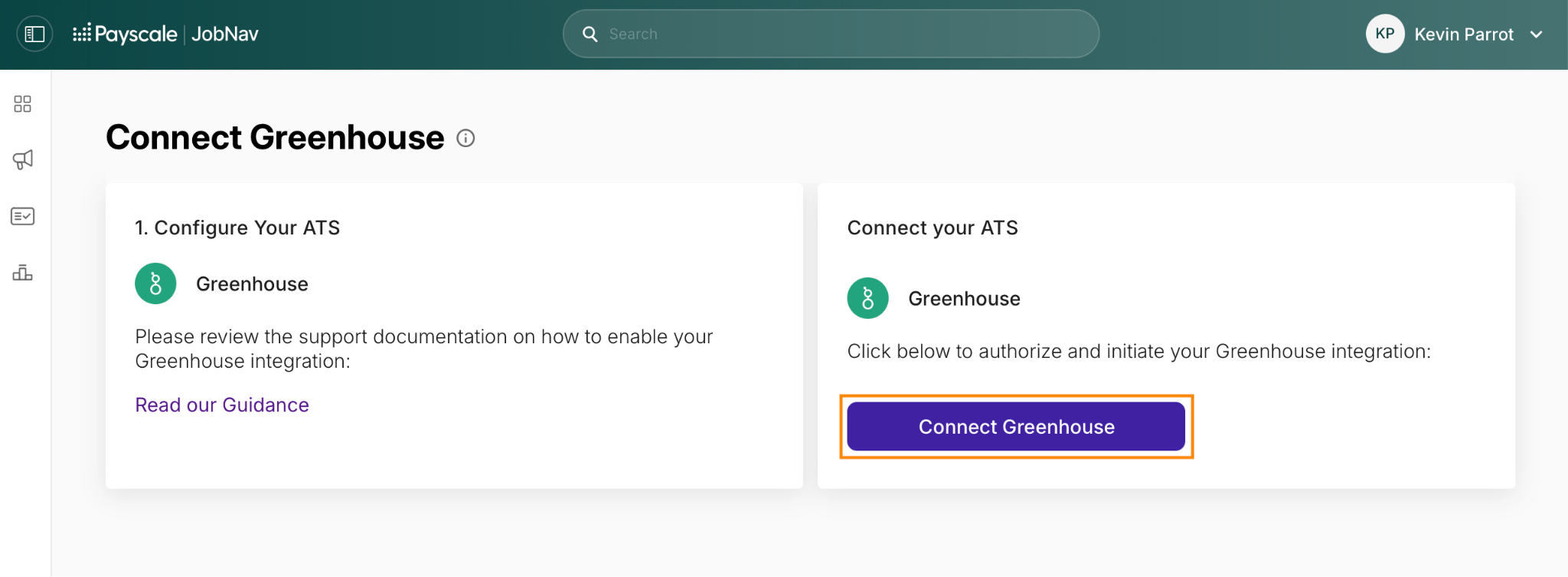 JobNav page with the Connect Greenhouse button