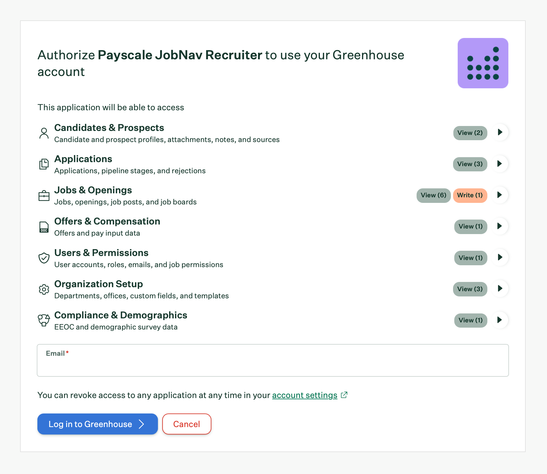 Greenhouse login screen for connecting JobNav