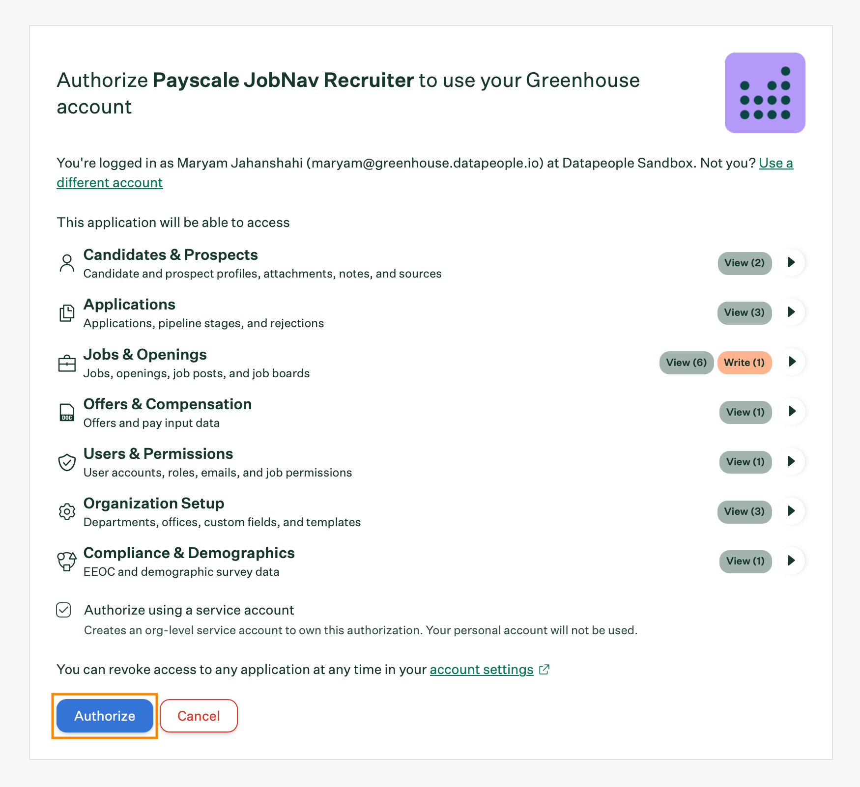 Greenhouse authorization screen with the Authorize using a service account option checked