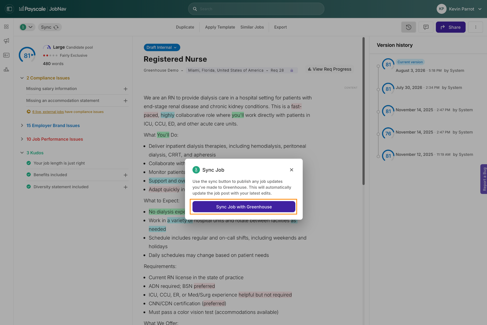 JobNav Recruiter Sync Job With Greenhouse confirmation dialog