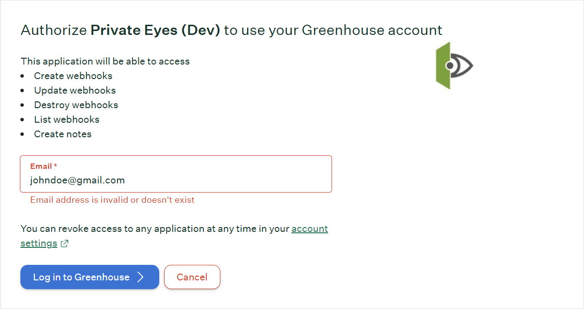 Greenhouse login error message shown for an improper email address