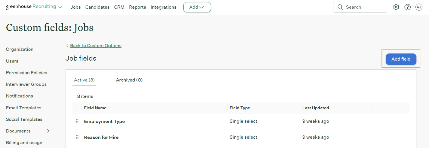 Greenhouse Job Fields page with the Add Field button