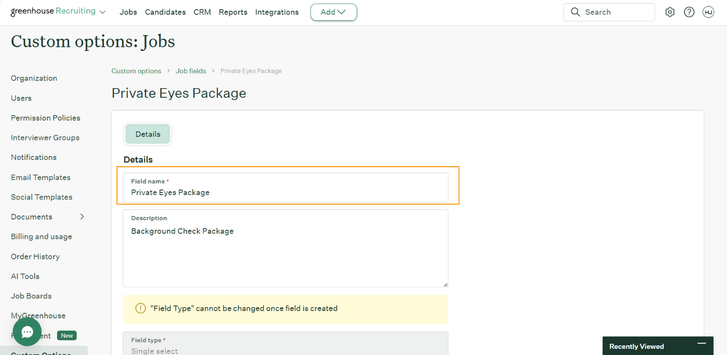 New custom job field settings for the Private Eyes package