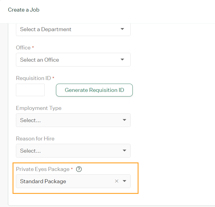 Greenhouse job creation screen with the Private Eyes package field