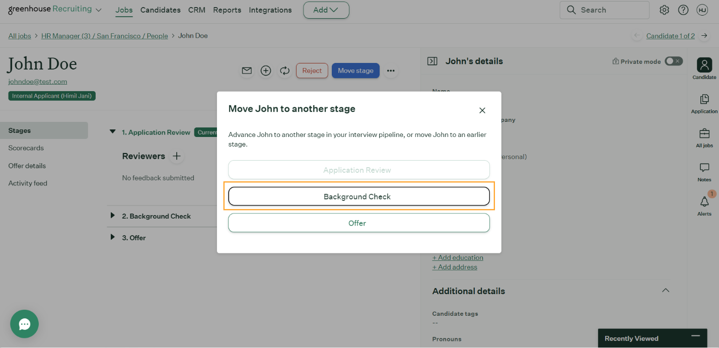 Greenhouse candidate profile with the stage set to Background Check