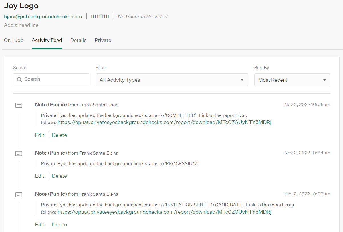 Greenhouse Activity Feed note with a link to the background check status
