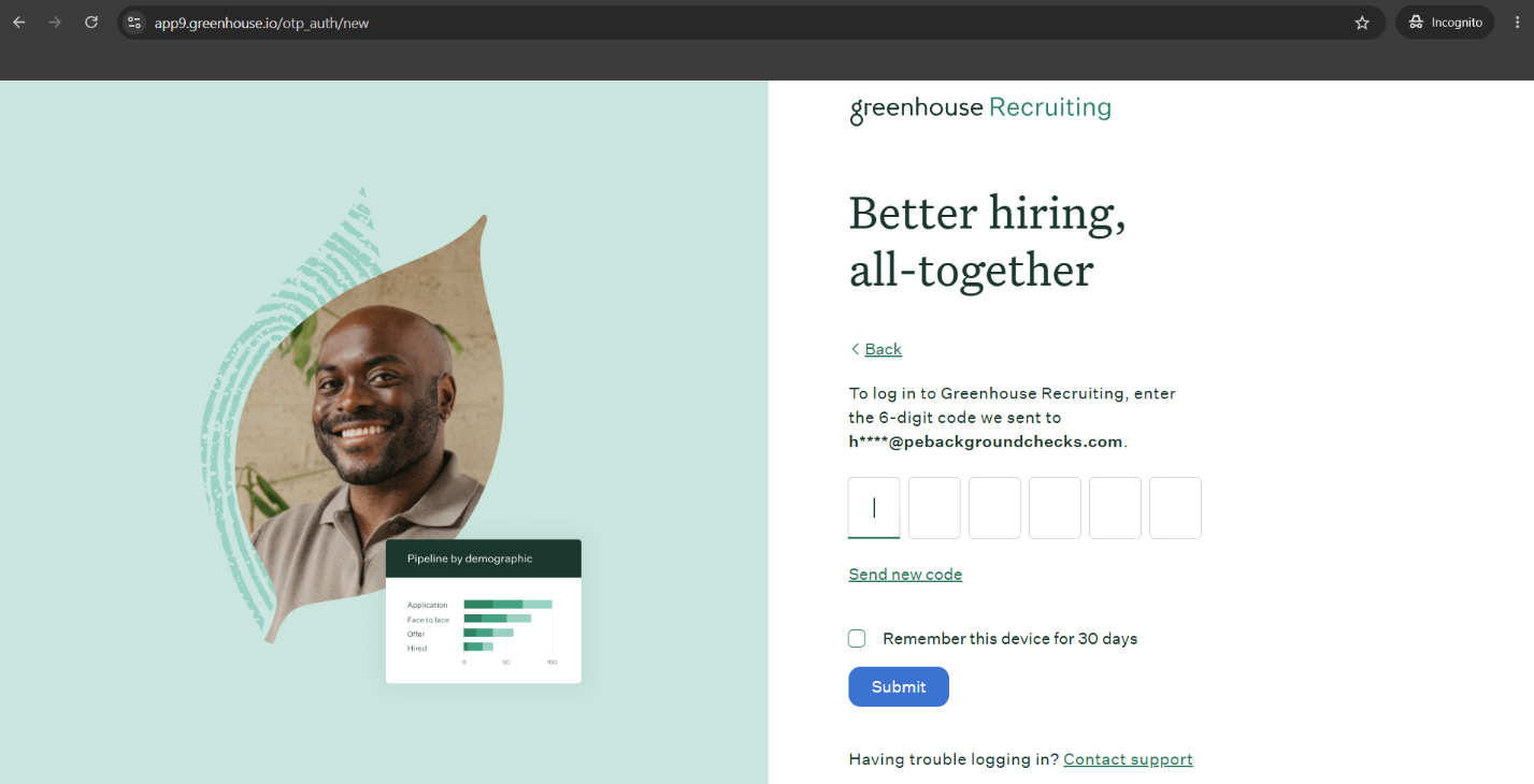 Greenhouse authorization screen for connecting Private Eyes