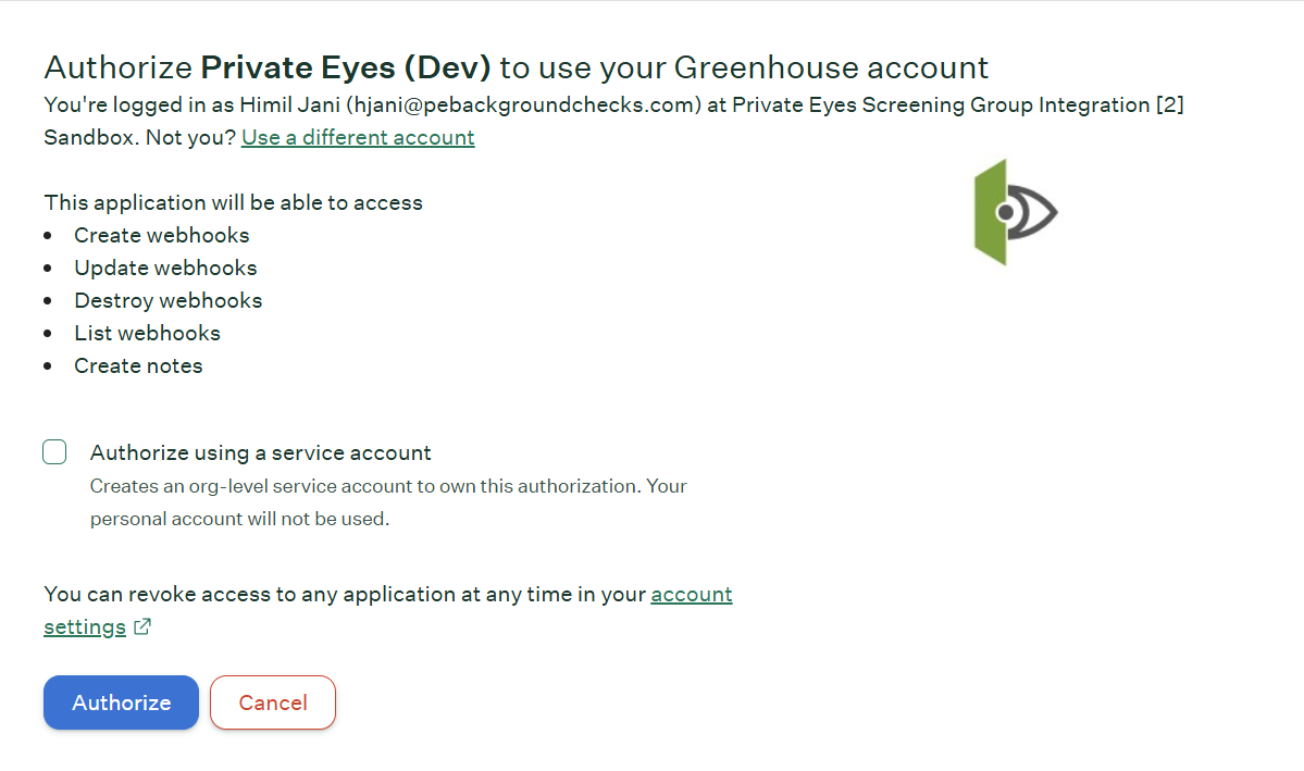 Greenhouse authorization screen confirming the Private Eyes connection