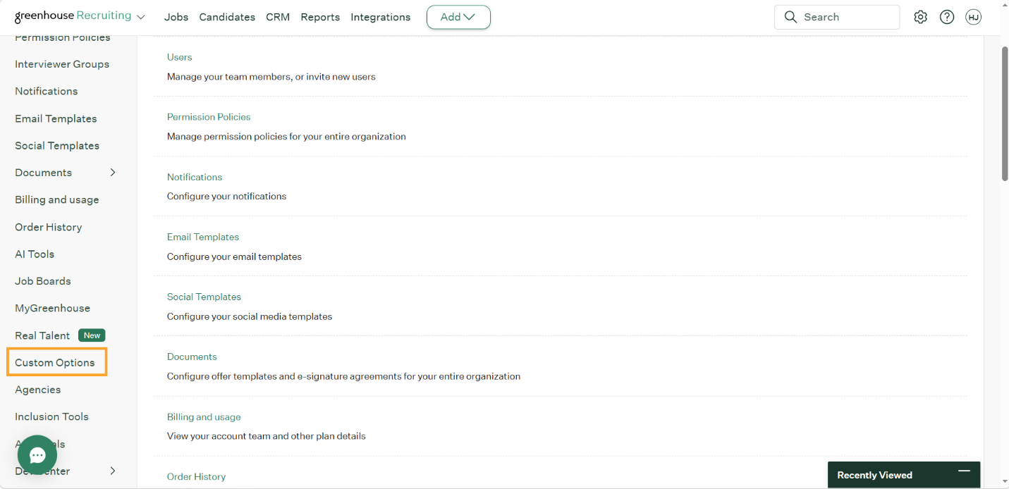 Greenhouse Custom Options page