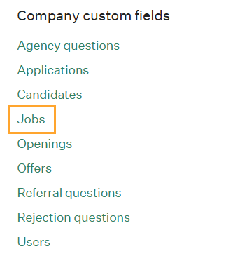 Greenhouse Company Custom Fields section with Jobs selected