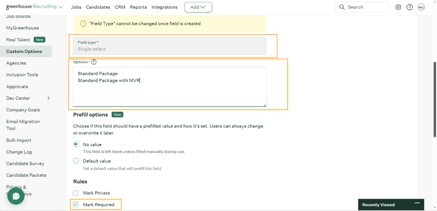 Custom job field Options list with Private Eyes background check packages
