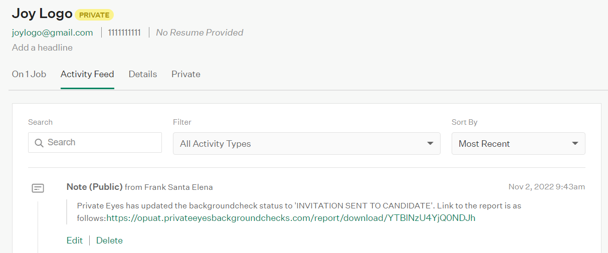 Greenhouse candidate Activity Feed with a note from Private Eyes