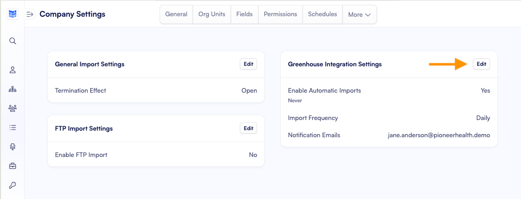 Built Company Settings Imports page with the Greenhouse Import Settings section