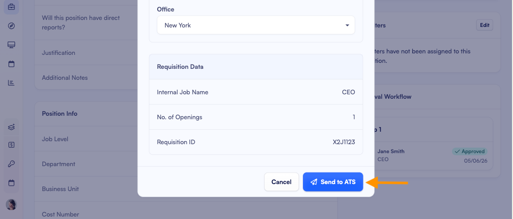 Built Send to ATS dialog for sending a requisition to Greenhouse