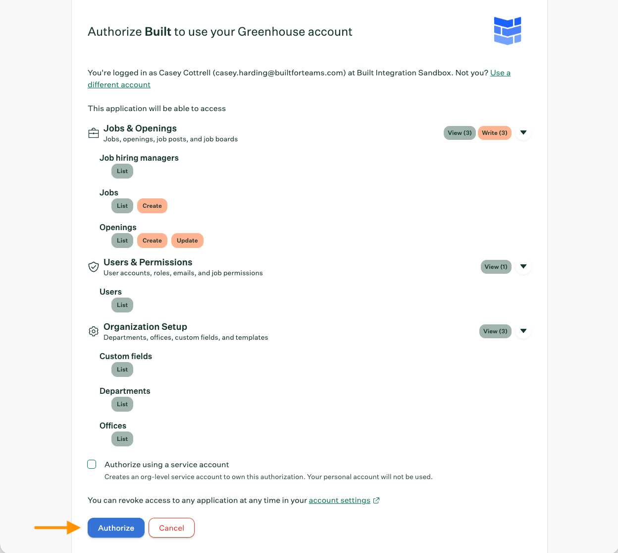Greenhouse authorization screen with the option to authorize using a service account