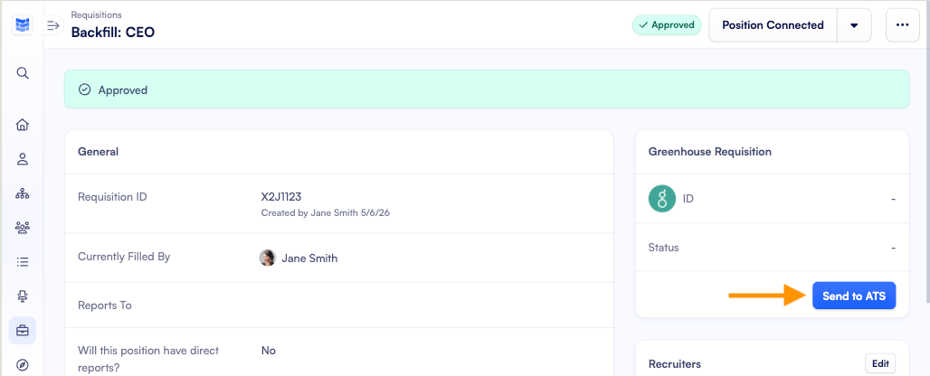 Built requisition page with the Greenhouse Requisition section and Send to ATS button