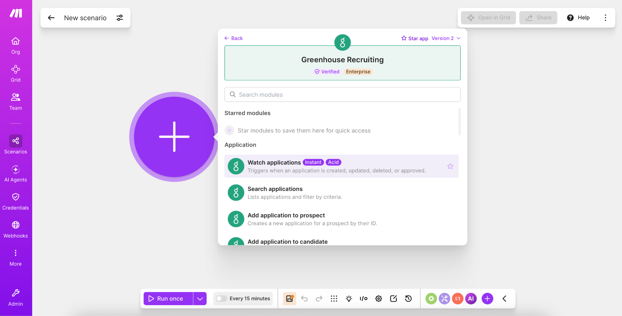 Selecting a Greenhouse Recruiting module in a Make scenario
