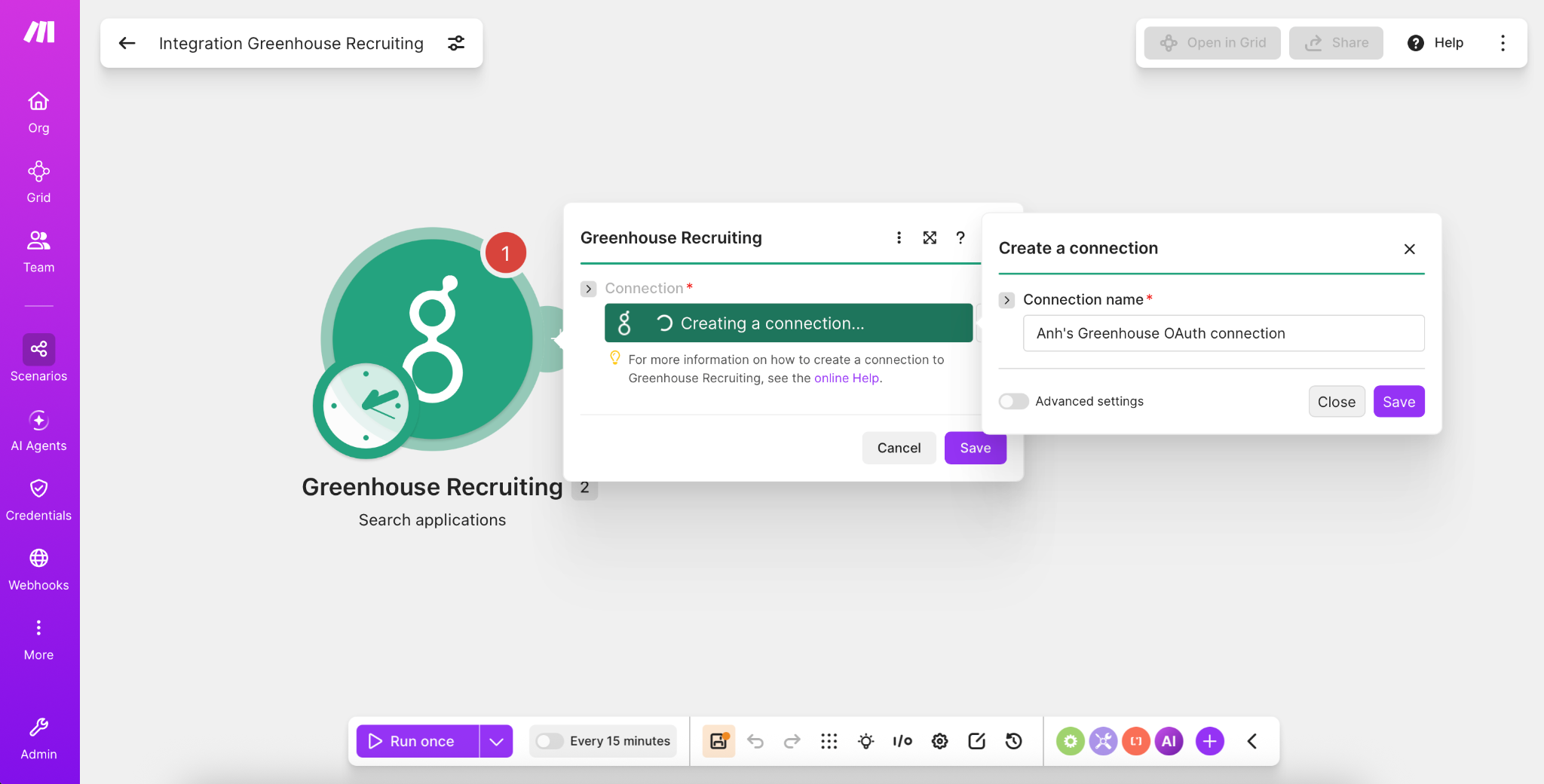 Creating and naming a connection to Greenhouse Recruiting in Make