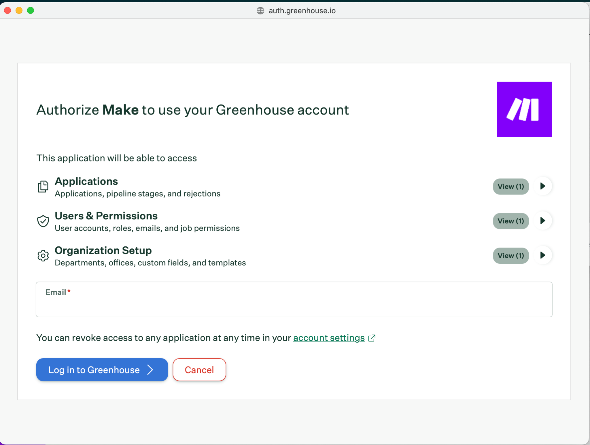 Connecting to a Greenhouse Recruiting account in Make