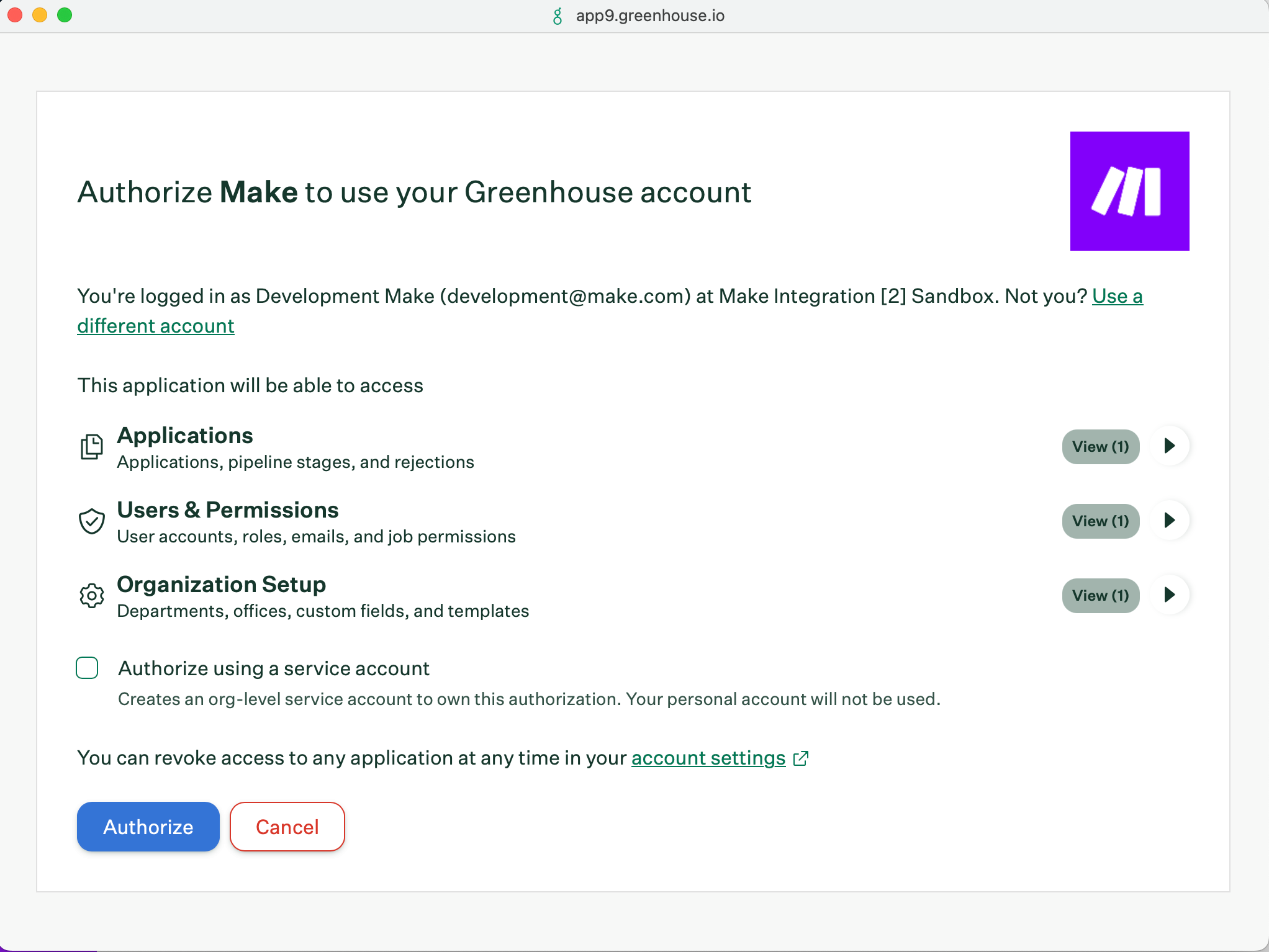 Approving scopes and authorizing the Greenhouse Recruiting connection in Make
