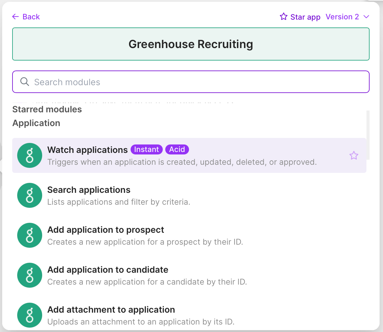 List of available Greenhouse Recruiting modules in Make