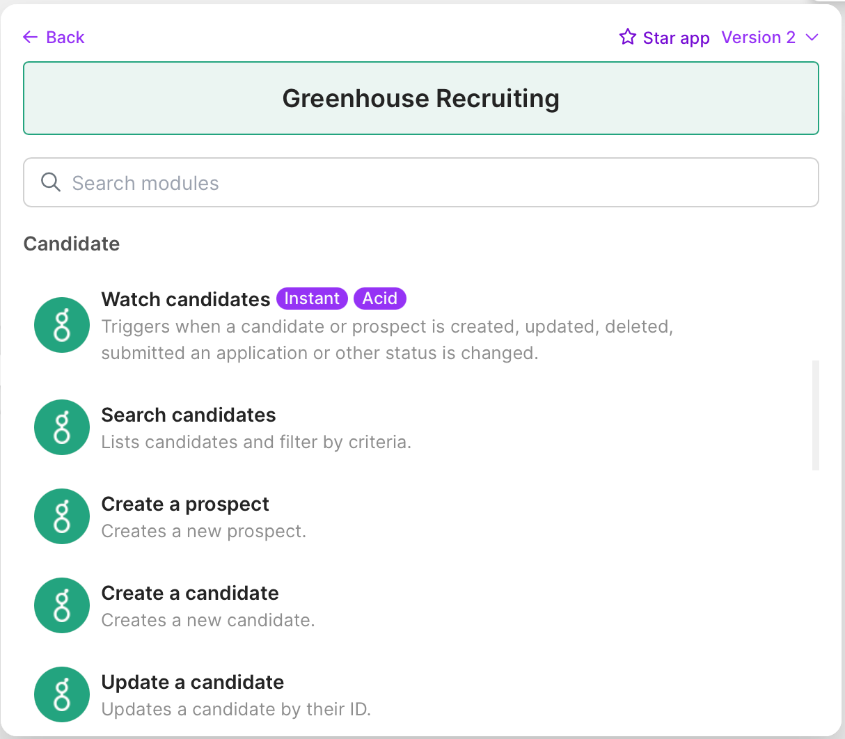 Make scenario screen showing Greenhouse Recruiting module configuration