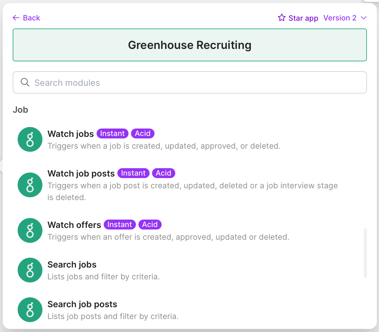 Make scenario screen showing Greenhouse Recruiting module configuration