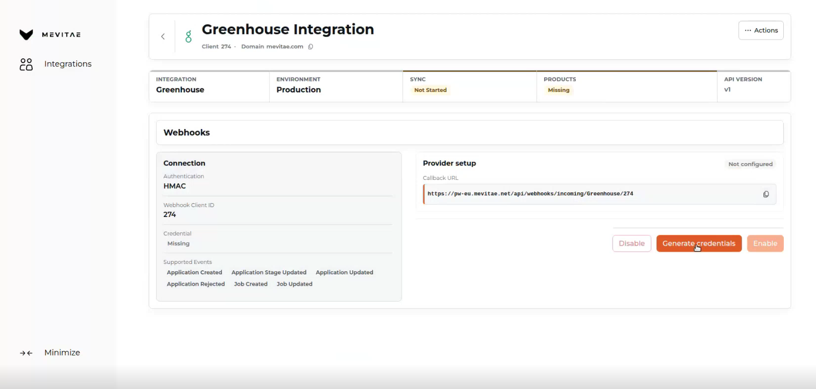 Generating webhook credentials in the MeVitae integration