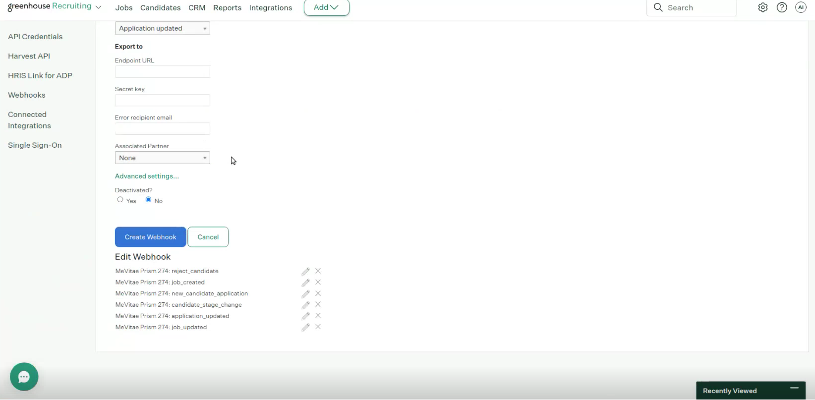 Greenhouse Dev Center Webhooks page showing the matching Client Webhook ID