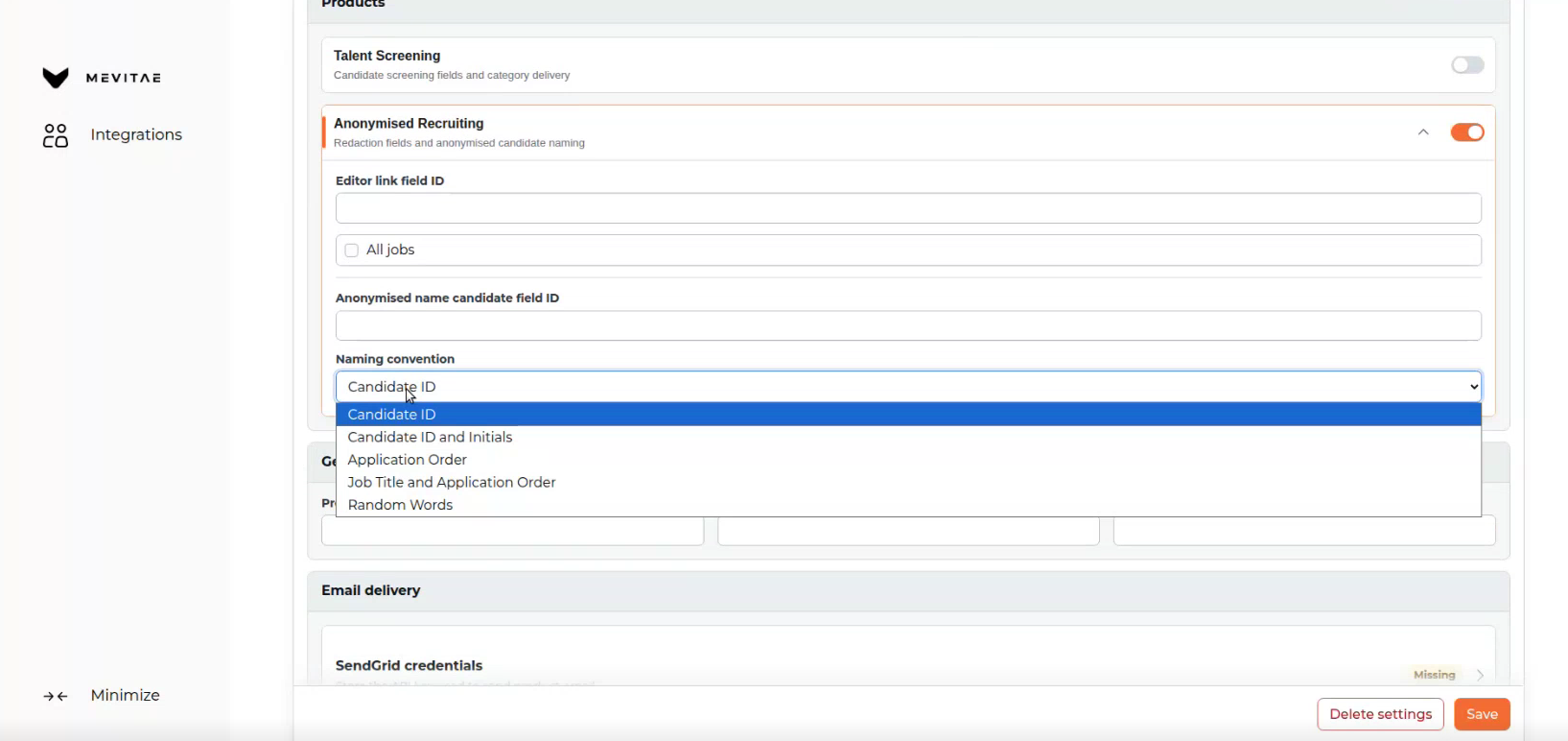 Anonymised Recruiting toggle and naming convention settings in the MeVitae dashboard